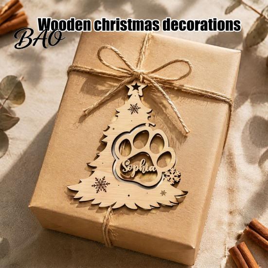 Wooden Christmas Tree Ornaments Wood Pendant with Paw Print, Hollow Engraved Hanging Natural Craft Ornament, Rustic Style for Holiday Party Home Decor