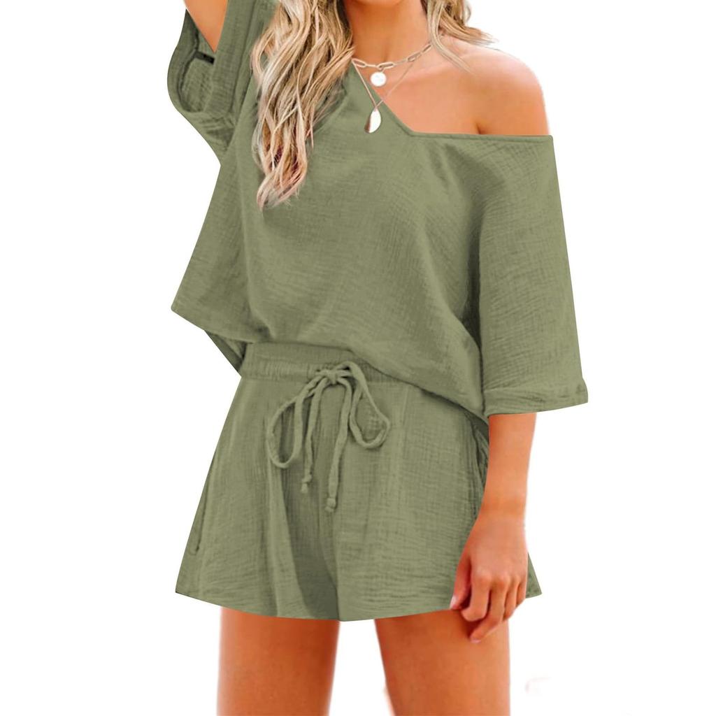 Women's 2 Piece Solid Color Racksuit Short Sleeve Casual Shorts Set V Neck Beach Outfits