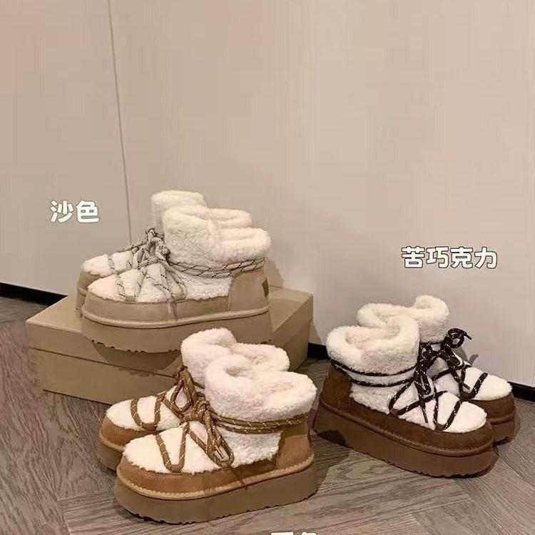 Warm version Hokkaido heater velvet straps color matching thick-soled lamb wool short boots women's snow boots cotton shoes women