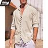 Мужская хлопково-льняная рубашка, мужская пляжная рубашка с длинным рукавом, летняя повседневная однотонная рубашка с воротником Генри