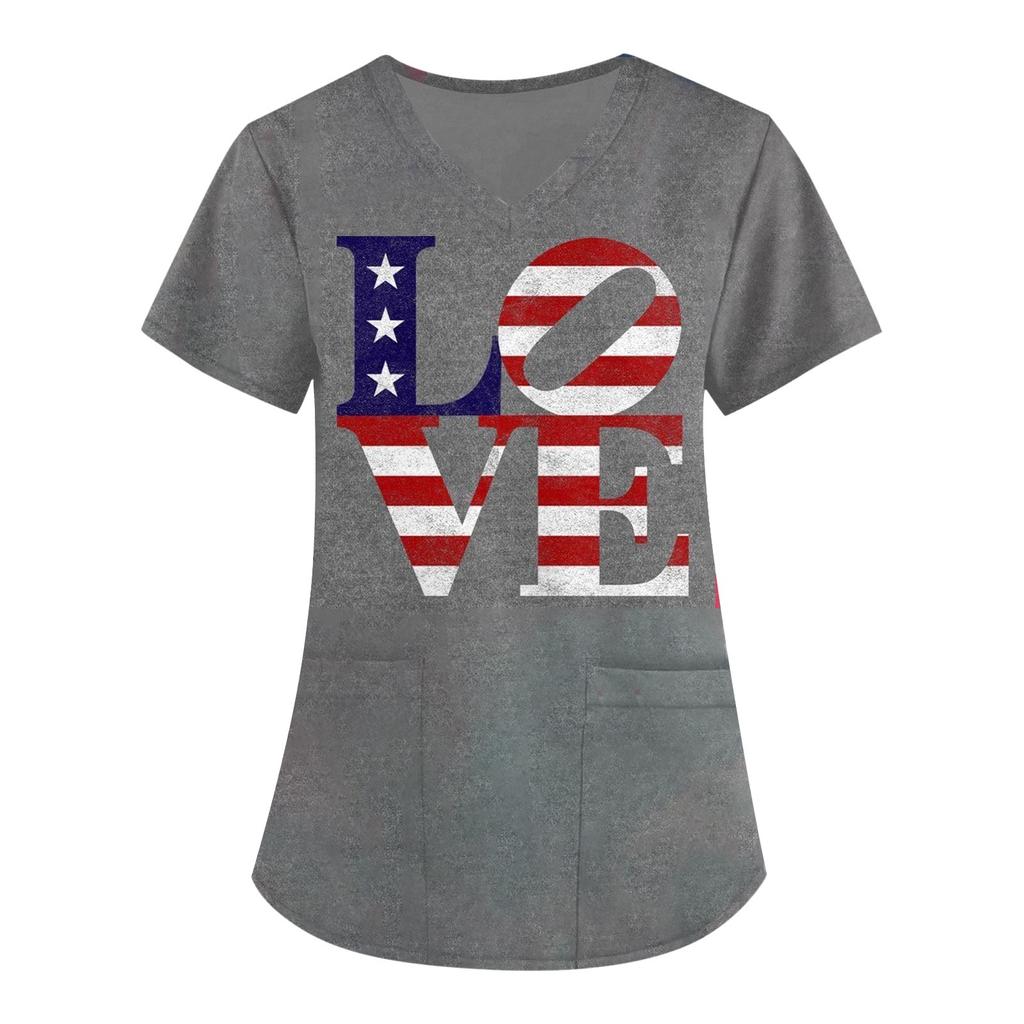 Women's Short Sleeve V-Neck Independence Day Printed Pocket Carer Top
