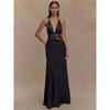 Summer Backless Sexy Maxi Dress Women Gown Patchwork Lace Halter Deep V Neck Sleeveless High Waist Elegant Long Dress