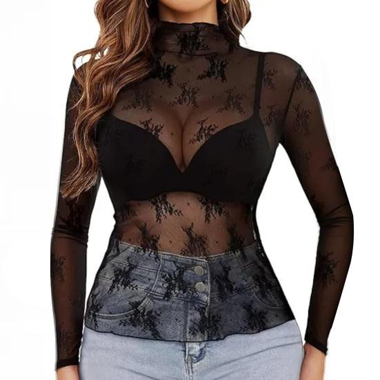 Женские топы с воротником-стойкой, длинными рукавами, облегающие блузки, сексуальные прозрачные сетчатые рубашки с цветочной вышивкой