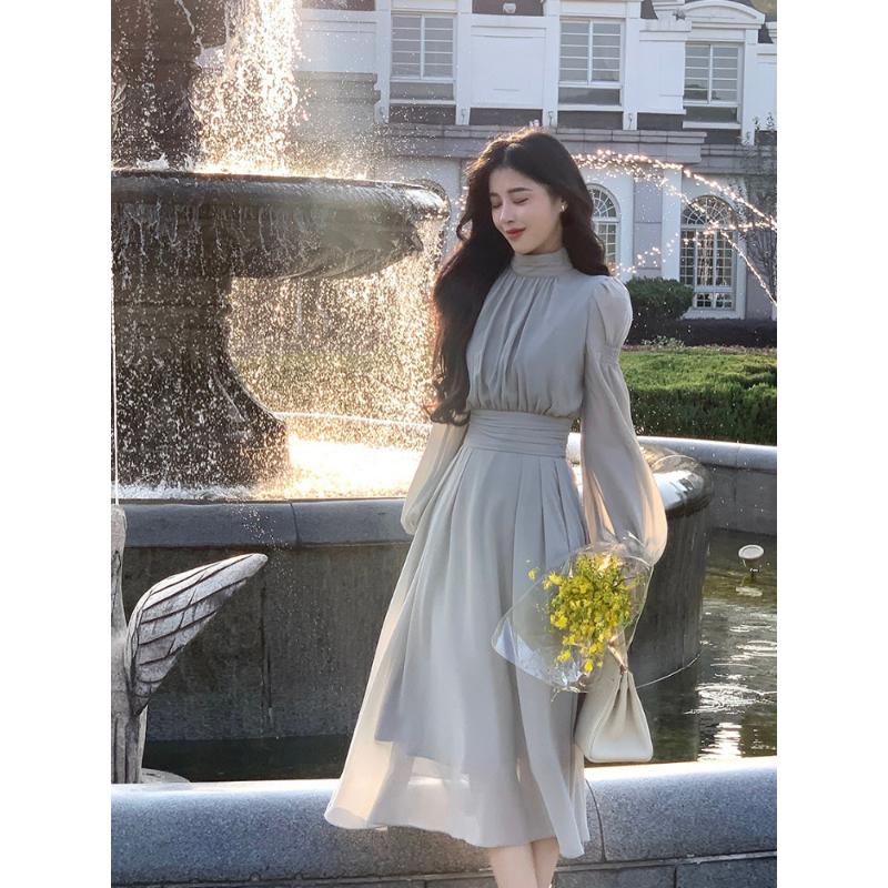2025 Spring Turtleneck White Midi Dress Women Long Sleeve French Elegant One Piece Dress Korean Fashion Y2k Clothing Design