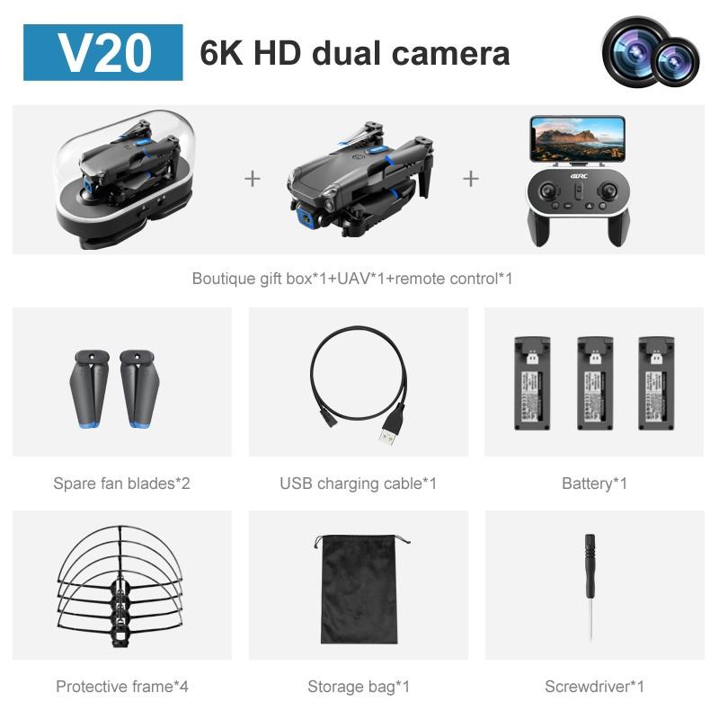 New Mini Drone V20 6K HD Camera RC Helicopter Quadrocopter One-Key Return FPV Follow Me Foldable Quadcopter Boy's Toys Gift