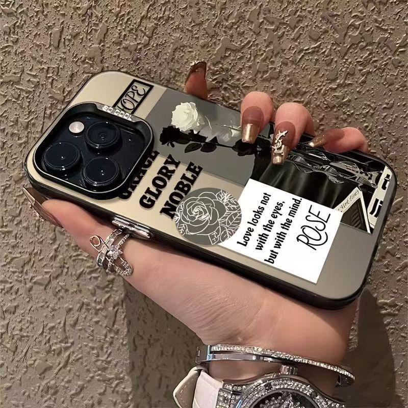 European and American style rose label silver case for iPhone 17/16/15 Pro, 14 Pro Max, 13/12/11X