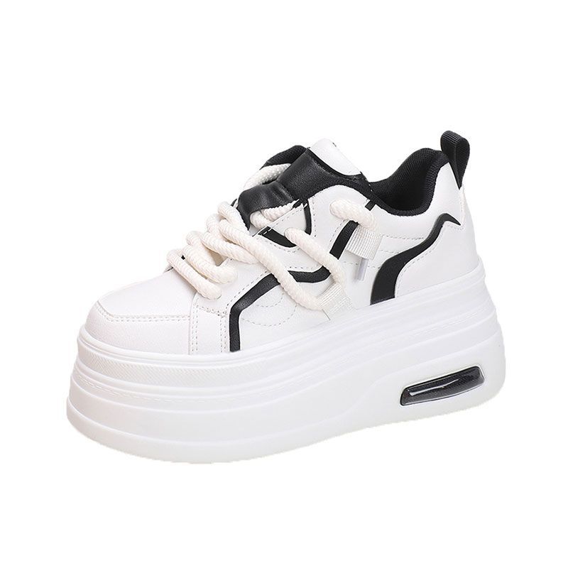 Модные женские кроссовки на платформе, весна-осень, удобные, с круглым носком, на шнуровке, 8 см, толстая подошва, черные, белые, повседневные, спортивные туфли