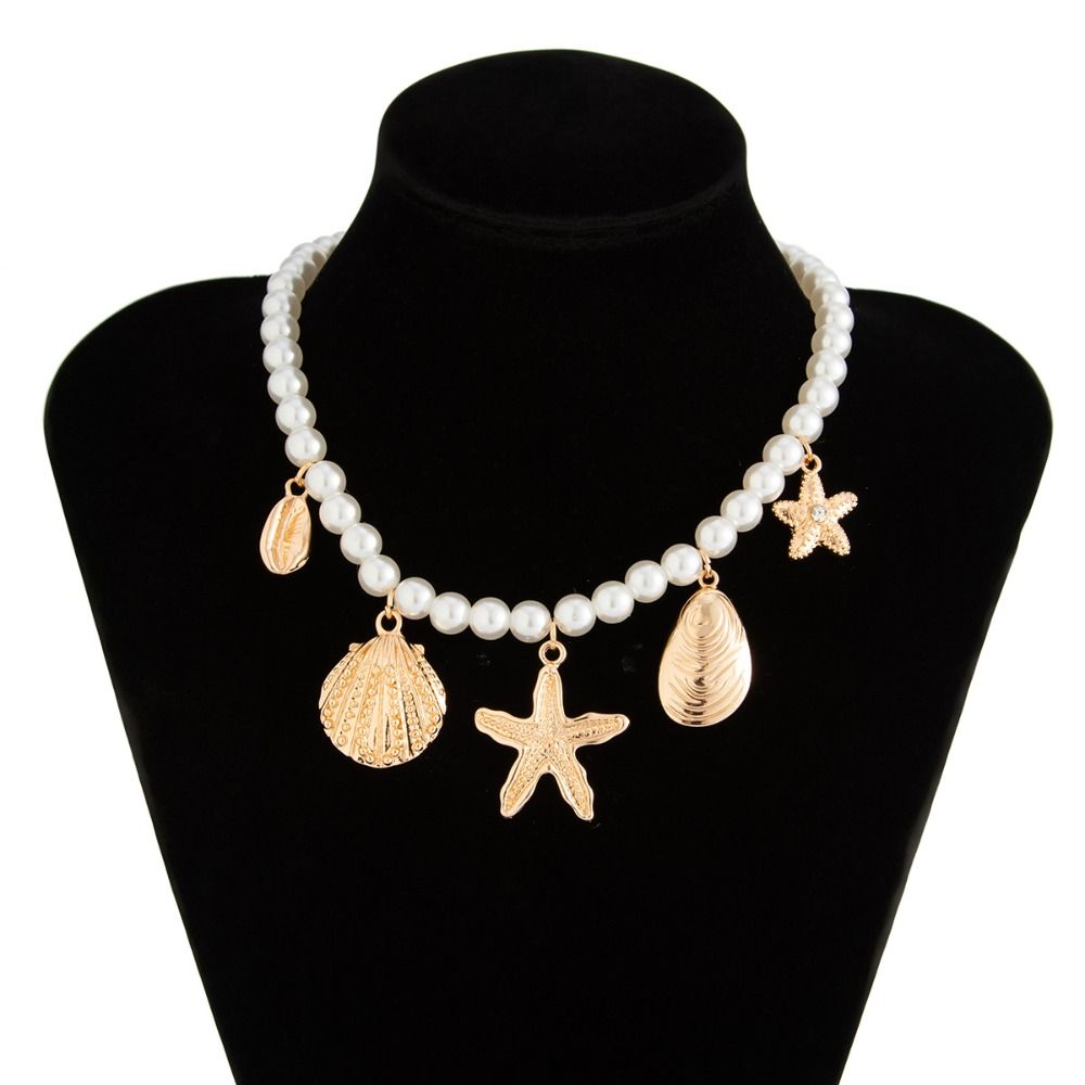 Ожерелье из металлической жемчужной ракушки, многослойное ожерелье в пляжном стиле, винтажное ожерелье из жемчужных бусин, пляж