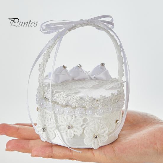 Белая кружевная коробочка для колец, держатель для свадебных колец с ручкой, подушка для колец с лентой и цветком для церемонии помолвки