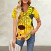 Women's Short Sleeve Casual V-neck Chest Pleated Printed Loose T-shirt Top