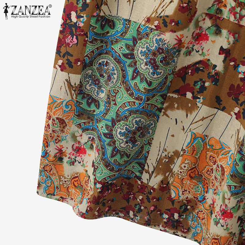 ZANZEA Женское винтажное повседневное длинное платье с коротким рукавом и цветочным принтом