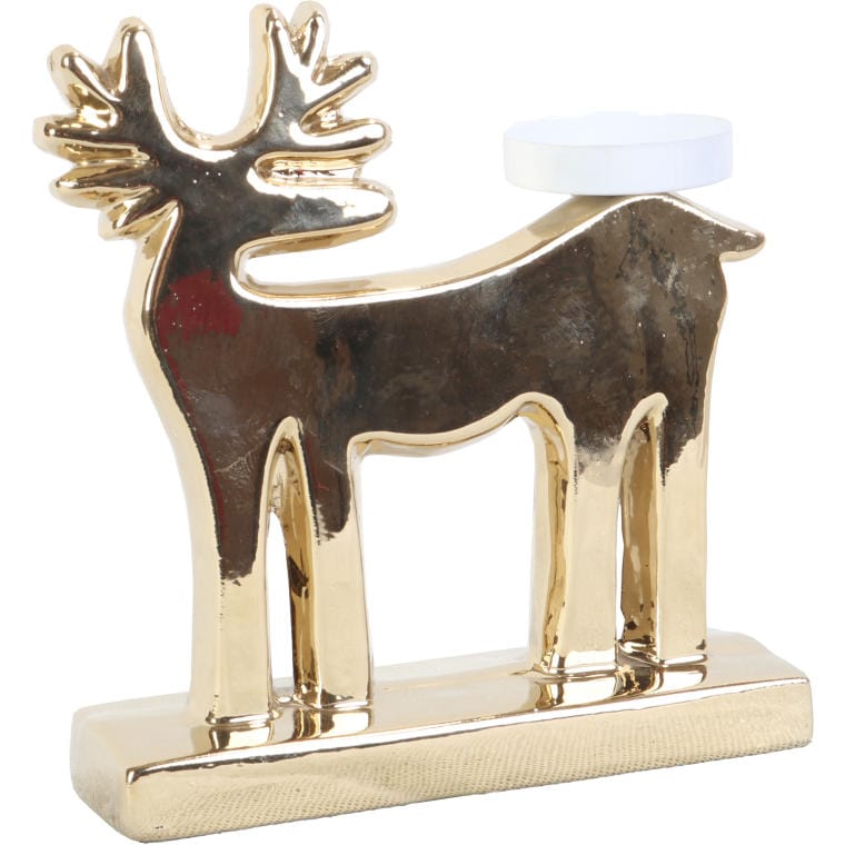 Gold ceramic reindeer-shaped candle holder for tealight candles 20 cm
