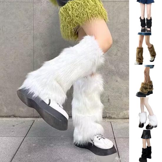1 Pair Winter Calf Covers Faux Fur Fuzzy Anti-slip Solid Color Elastic Thickened Daily Wear Sports Outing Leg Warmers