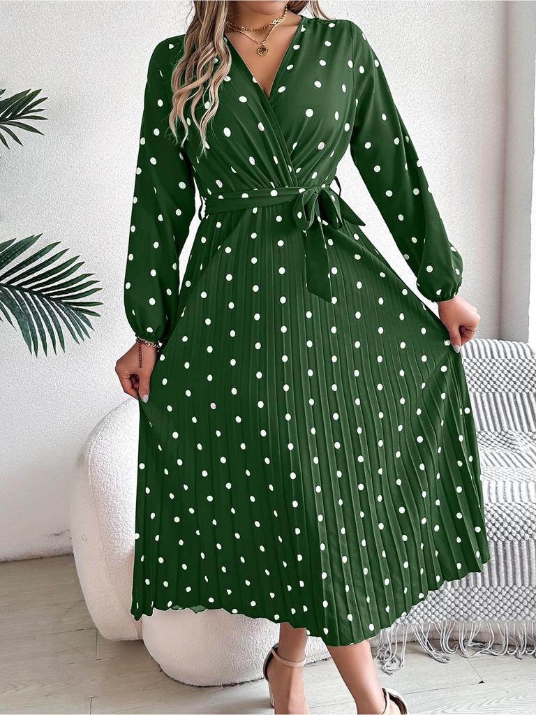 V Neck Printed Overlapping Dress Waist Hugging  Elegant Pleats Wave Point Dress for Women Long Sleeve Loose Dresses Causal Dress