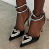 Runway Style Glitter Rhinestones Women Pumps Crystal Heart Shape Buckle Summer Lady High Heels Party Prom Shoes