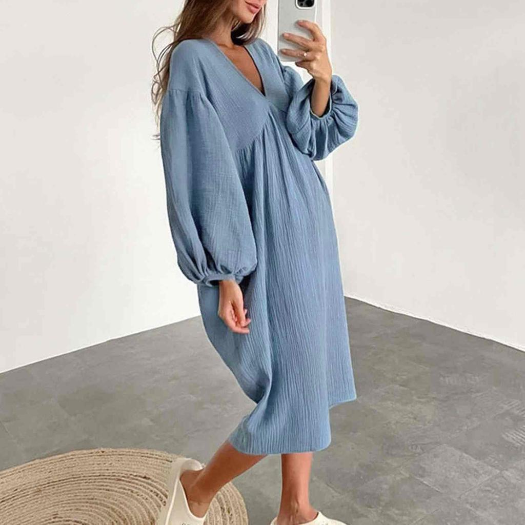 Ladies Casual Living Solid Pocket V Neck Pleated Dress Puff Sleeve Long Sleeve Cotton Dressy Fit Dress