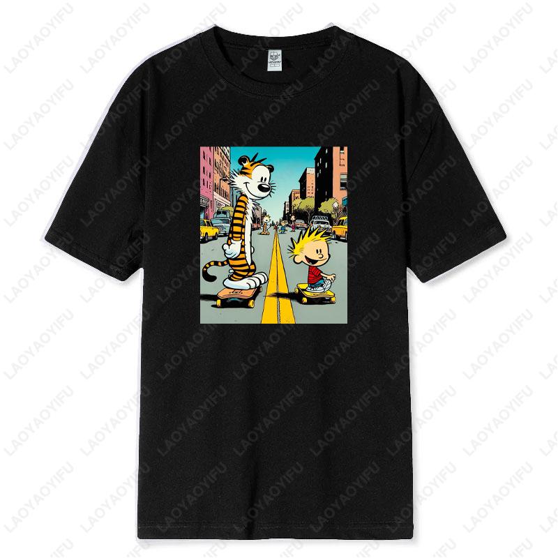 Ретро-вдохновленная футболка с графикой Calvin Hobbes Хлопок Женская Мужская с Игривыми Комиксами Ностальгия Старая Школа Повседневные Футболки
