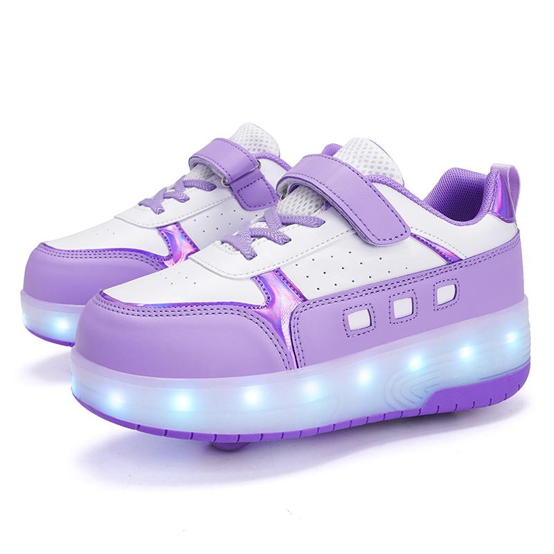 Детские светящиеся спортивные туфли, резиновые туфли, твердые волшебные патчи, зарядные устройства, двухрядные скользящие туфли с колесами
