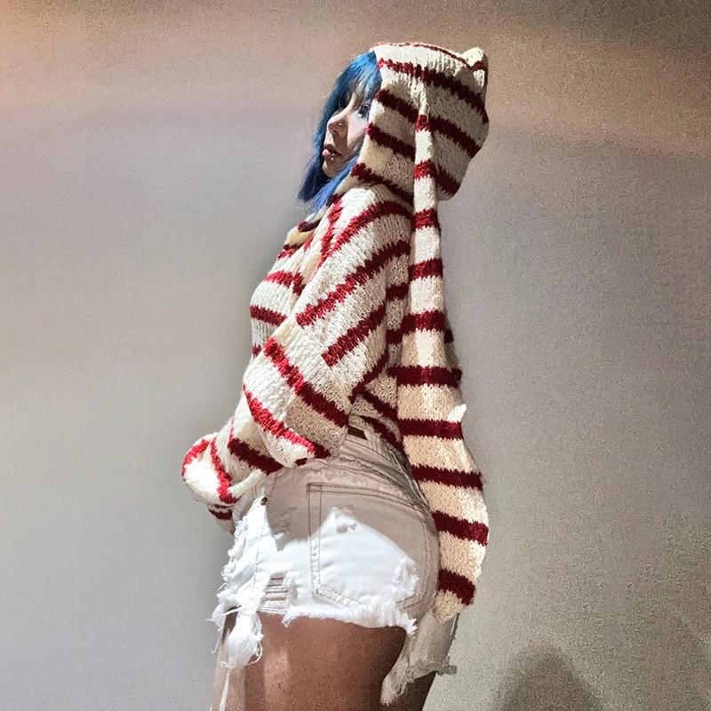Японский кардиган с капюшоном в стиле Y2k 2000-х годов, эстетика, кроличьи уши, на молнии, вязаный, винтажный, Харадзюку, свитер с красной полоской, гранж
