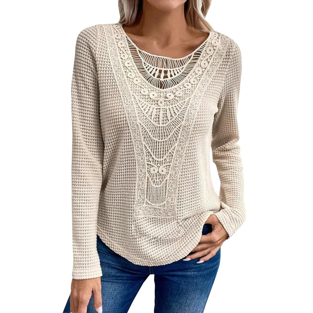  Футболка с длинными рукавами Solid Solor Lace Patchwork с кружевным круглым вырезом для женщин