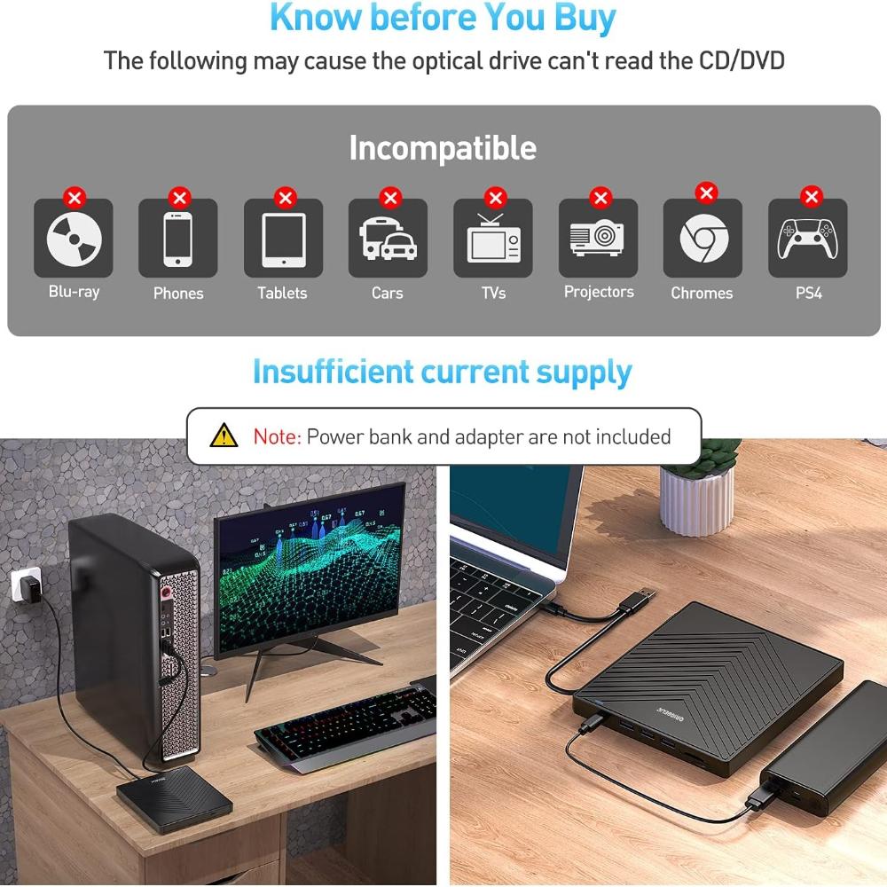 External CD DVD Player USB 3.0 with 4 USB Ports and 2 TF/SD Card Reader, External CD/DVD Drive for Laptop Windows 11/10/8/7/XP/Vista Linux Mac