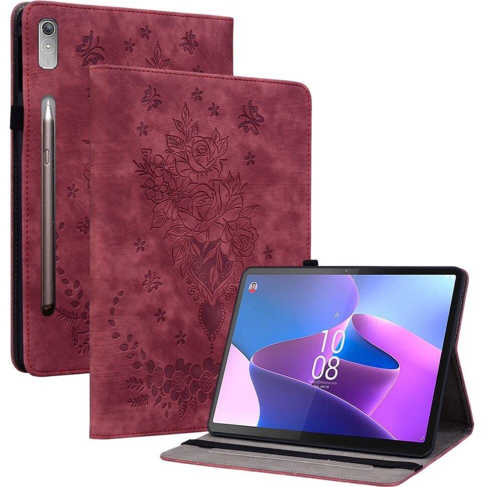 Lenovo Tab P12 Case, Rose and Butterflies, Red