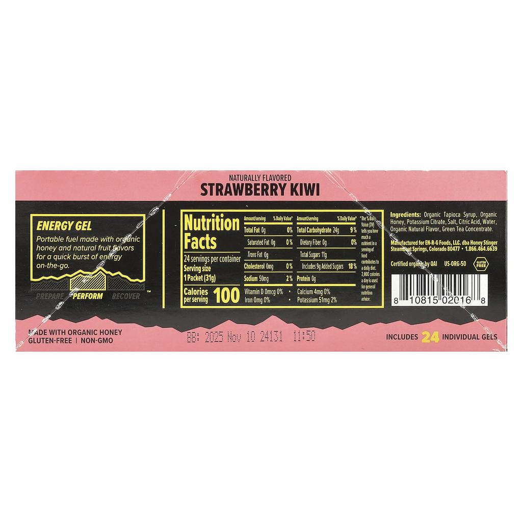 Honey Stinger, Energy Gel, Strawberry Kiwi, 24 Packs, 31 G (1.1 Oz) Each