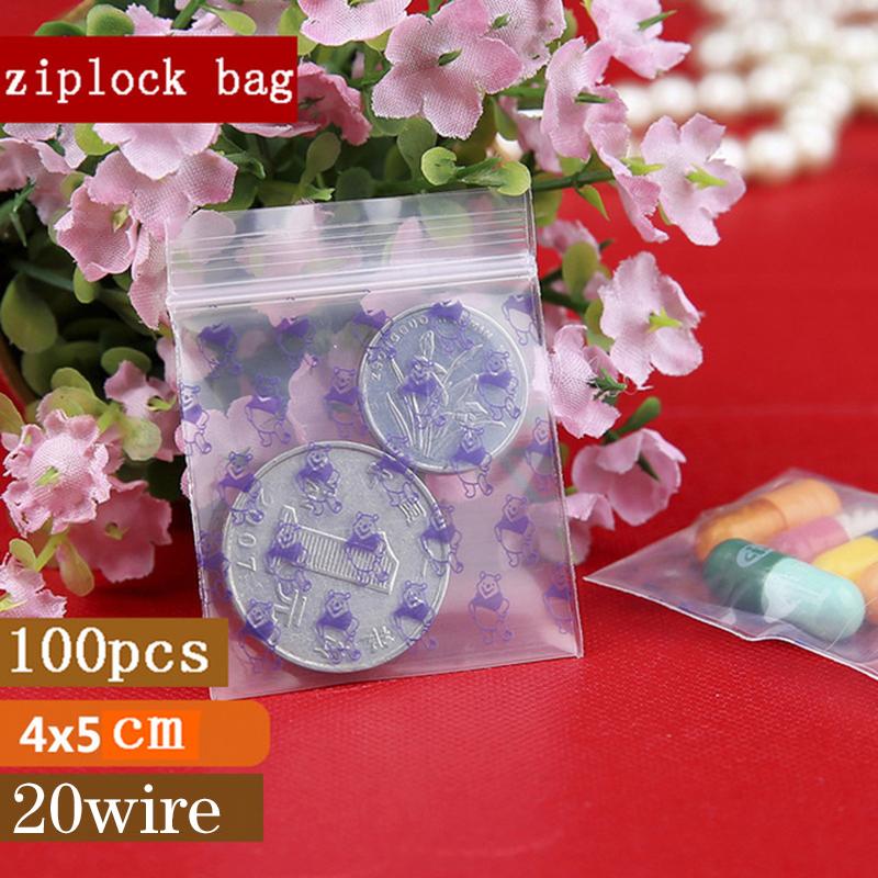 100 шт./лот, 4x5 см, сумки с замком, прозрачные пластиковые пакеты на молнии с принтом для хранения продуктов, упаковка для ювелирных изделий, сумки