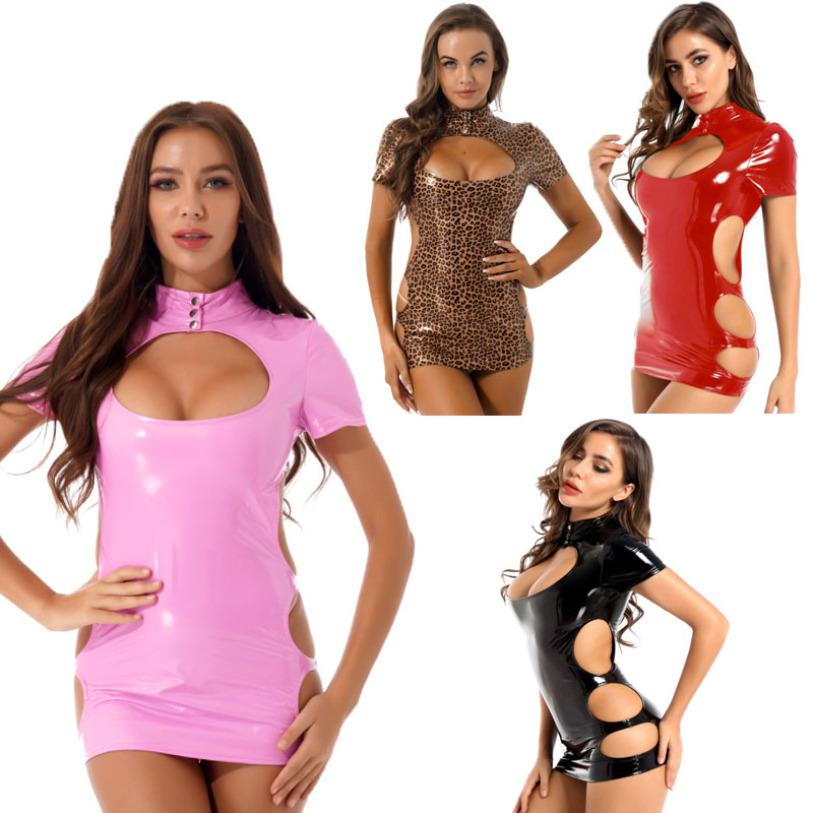 Womens Mini Dress Faux Leather Cutout Bodycon Party Club Dresses