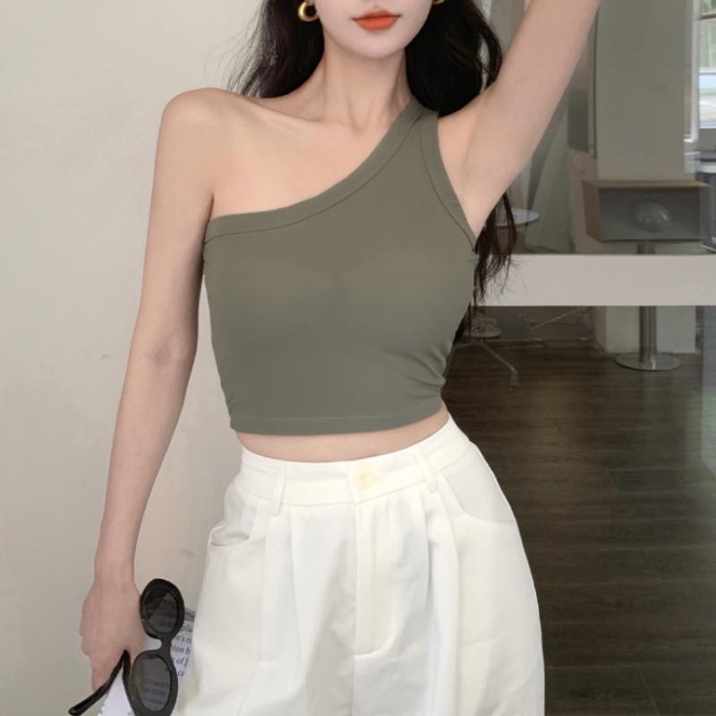 Летний женский топ с диагональными плечами, универсальный топ с открытым пупком, короткий топ