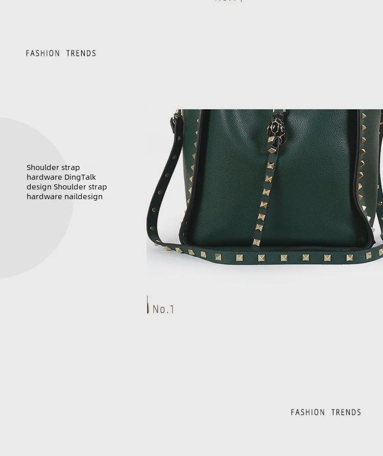 Сумка-ведро из натуральной кожи с заклепками и рисунком в виде головы тигра