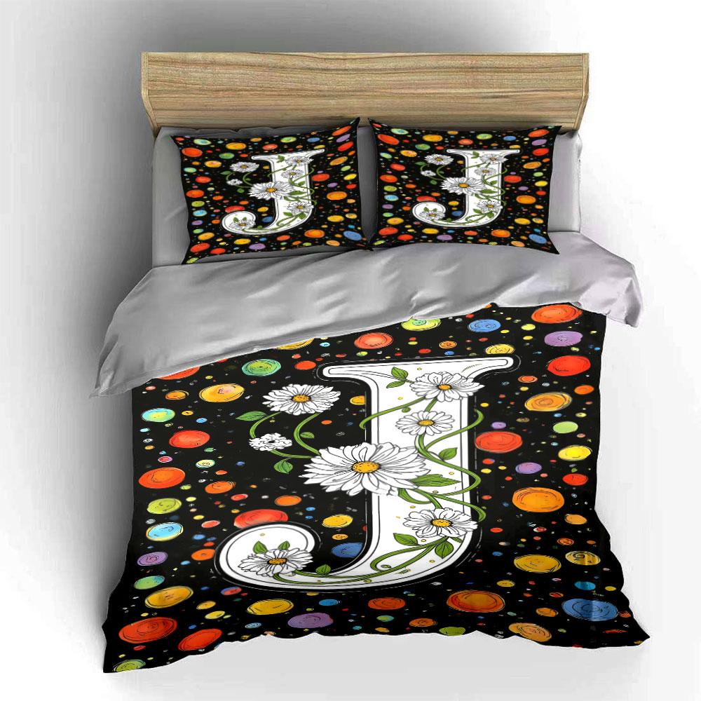 Letter "J", daisies, circles. Bedding sets Duvet cover sets Duvet covers Pillowcases(1 * Duvet Cover 2 * Pillowcases without duvet insert)