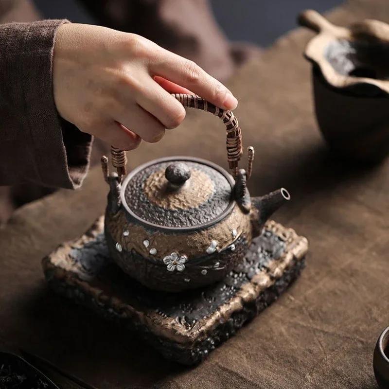 Ceramic Handmade Teapot Pure Handmade Kung Fu Tea Set Japanese Retro Rough Pottery Handheld Teapot Tea Table Accessories