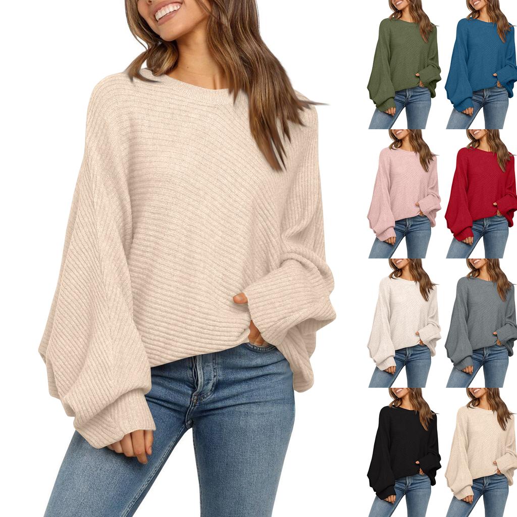 Women's Round Neck Solid Color Loose Knitted Long-sleeved Top