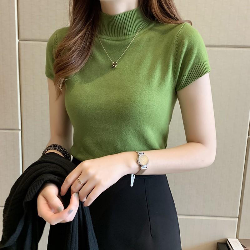 Half High Neck Bottoming Shirt Women Short Sleeve Knitwear Inside Tight Jumper Vest Short Tops