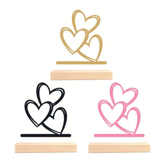 Metal Heart Sign 3 Love Hearts Sculpture with Wooden Base Romantic Mantel Tabletop Decor for Valentine's Day Anniversary Wedding
