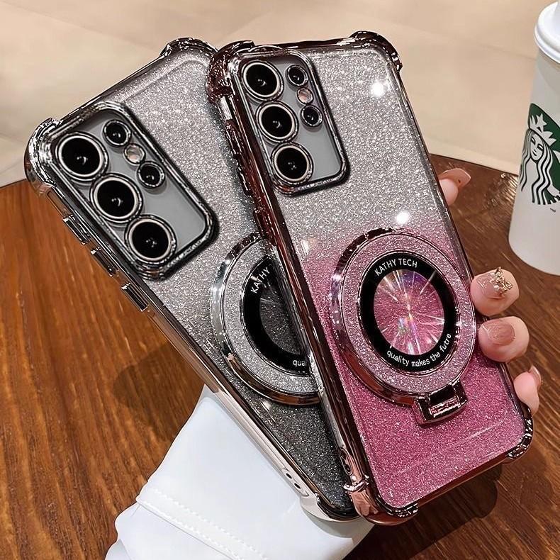 Suitable for Samsung S25 Mobile Phone Case S24 S23 22 Flash Powder Magnetic Bracket A55 A54 A53 Women's A05a06