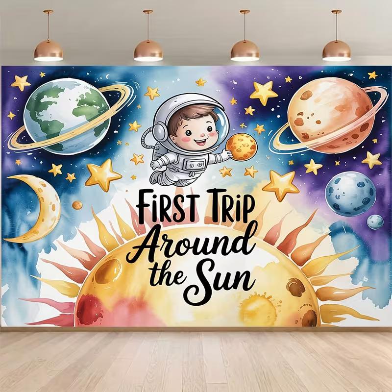 2D Watercolor Astronaut Planets Baby Boy 1st Birthday Photography Background
