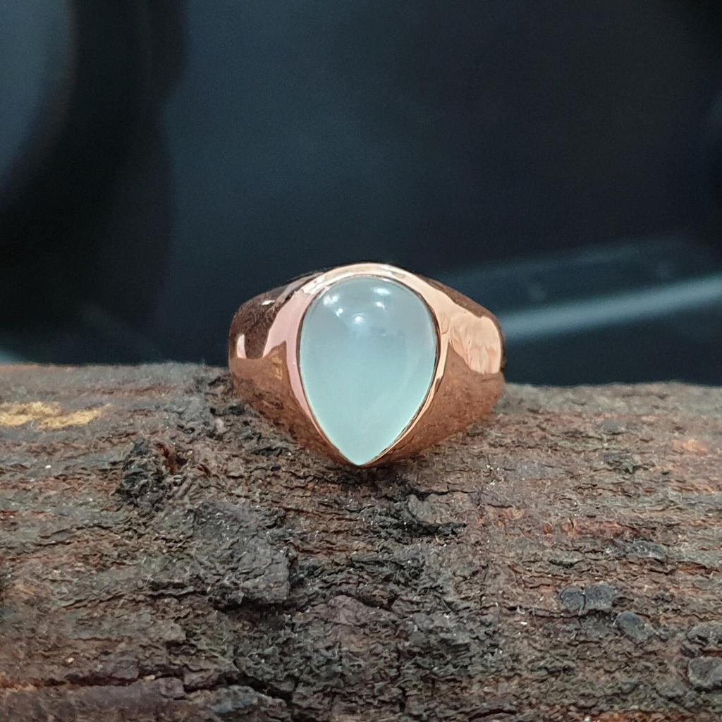 Pear Cab Aquamarine Gemstone 925 Sterling Silver Rose Gold Overlay Ring Jewelry, Unisex Signet Gift Ring