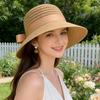 (One Size, Khaki) Women's Summer Straw Hat Wide Brim Beach Cap Outdoor Hollow Sun Hat with Bowknot