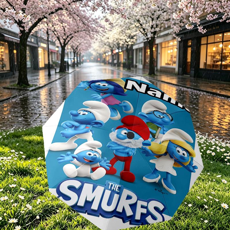 Custom Name Personalized Blue Smurfs Print Umbrella, Auto Open Close, 8‑Rib Sturdy Frame, Commute Camping Hiking Use, Birthday Gift