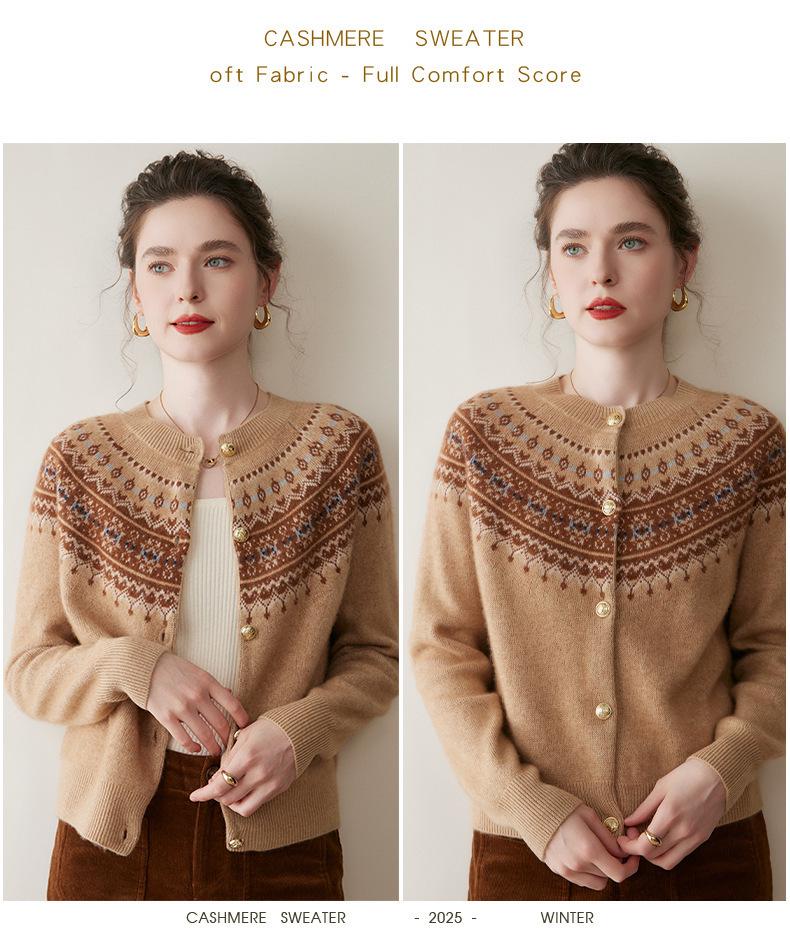 Женский кашемировый кардиган в стиле Fair Isle: Свободный вязаный свитер с длинным рукавом для осени/зимы