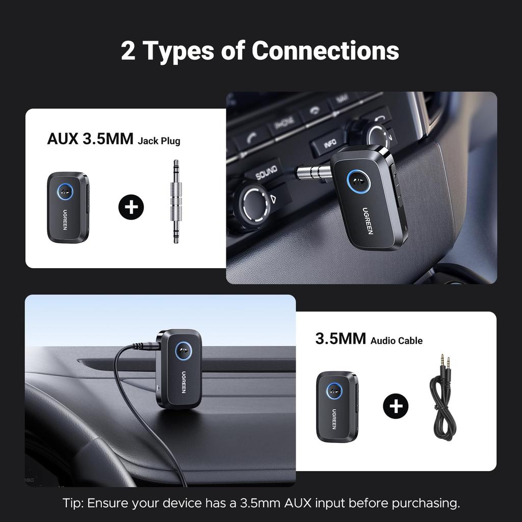 UGREEN Bluetooth Автомобильный Автомобильный Компонент 15M Связь Черный Сертификация 5.3 Приемник, 3.5мм Приемник, SBC/AAC, Аудио, AUX, iPhone, Android, Стерео,
