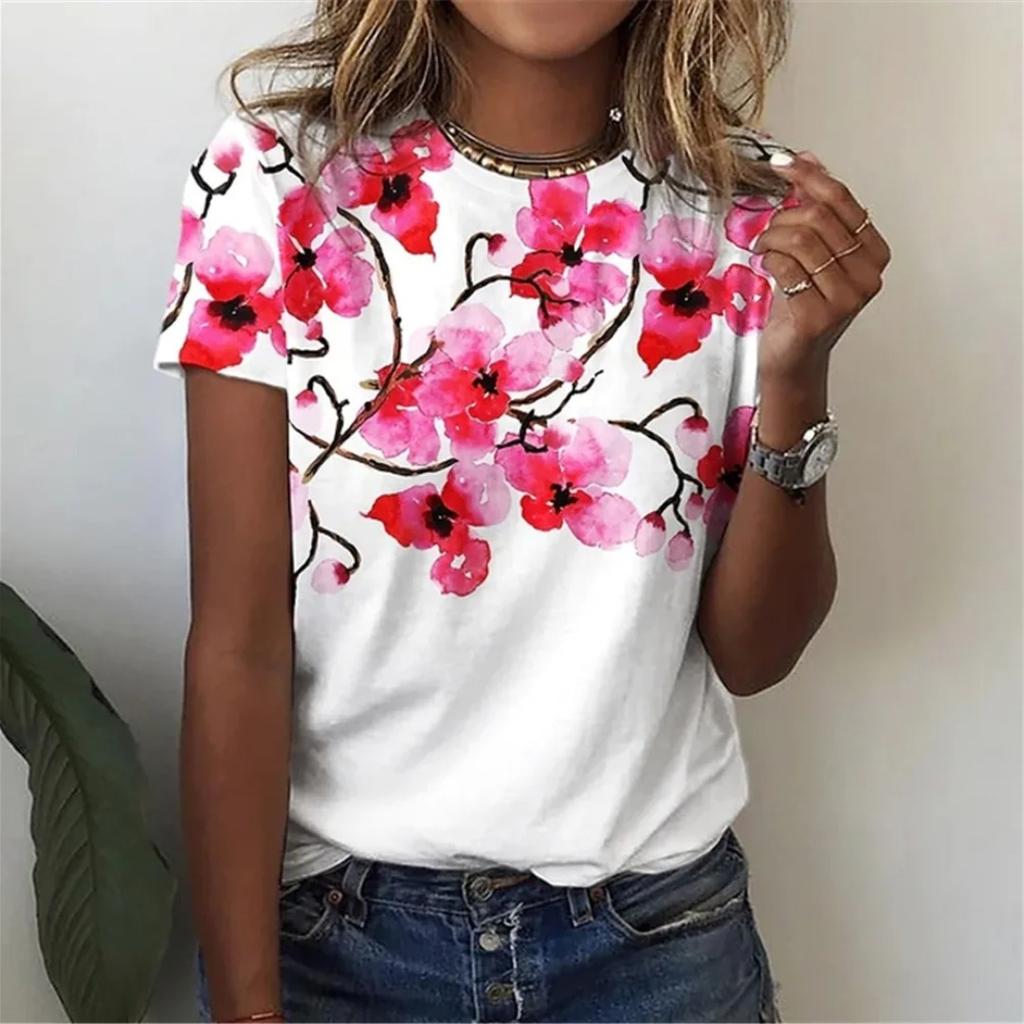 Новая женская футболка с красивым цветком, летний топ с круглым вырезом и короткими рукавами, розовый модный повседневный женский уличный топ