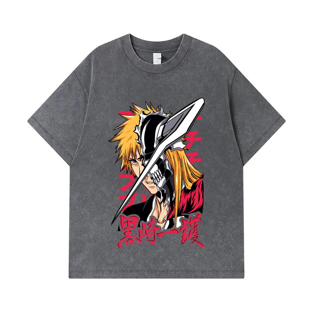 275 GSM Washed T-shirts 100% Cotton Bleach V4 Ichigo Print Unisex Heavy Cotton T Shirt