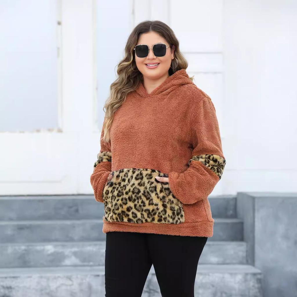 Women's Plus Size Hooded Leopard Print Pocket Patchwork Plush Hoodie