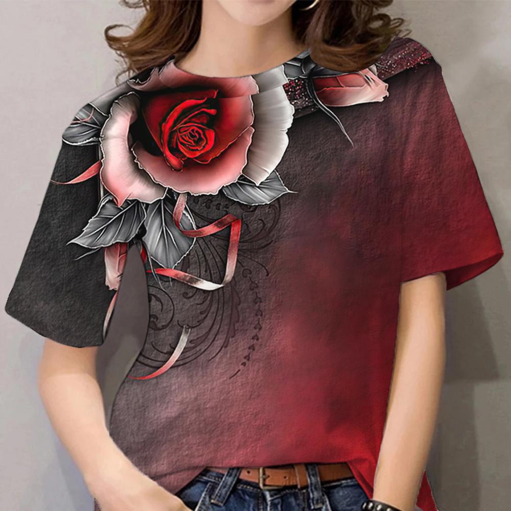 Женская футболка с цветочным принтом, одежда в стиле Харадзюку, повседневные футболки с коротким рукавом и круглым вырезом, повседневные блузки Y2k, топы больших размеров
