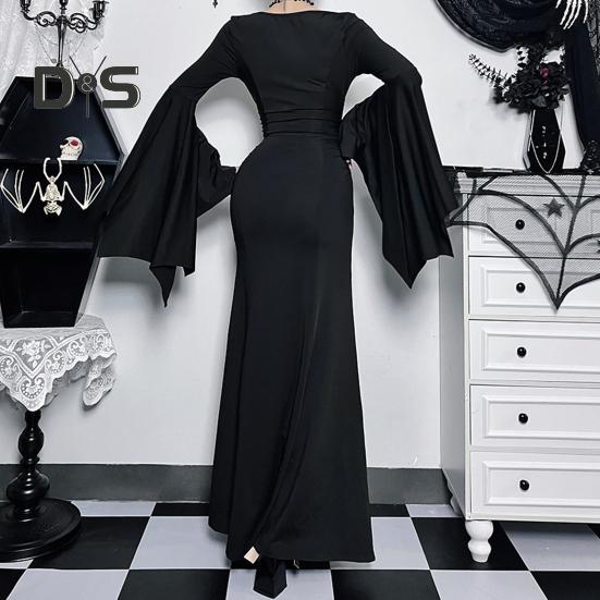 Женское платье на Хэллоуин с подолом «рыбий хвост» Slim Fit Нерегулярные манжеты с рюшами и рукавами «летучая мышь» Готическое платье с круглым вырезом Сплошной цвет Косплей Производительность Макси-платье