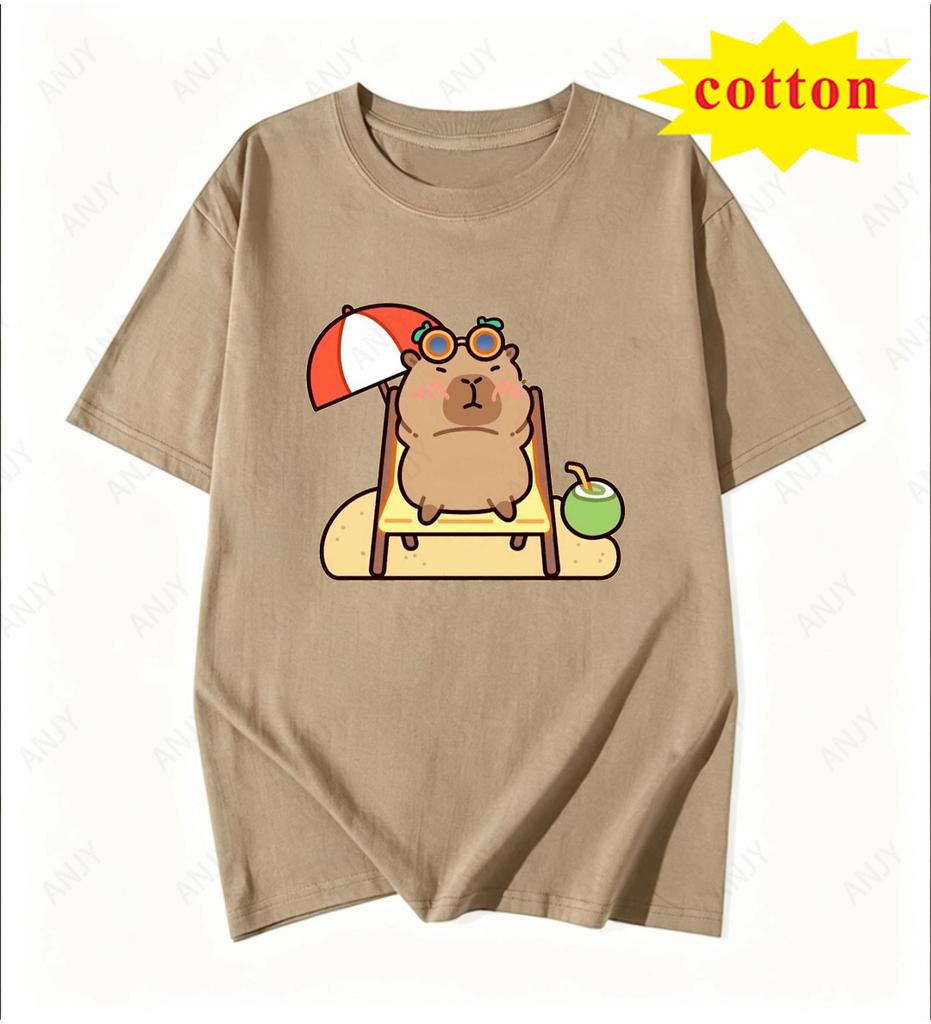 Cute Dolphin Cartoon Printed Short Sleeve Tshirt Soft Cute Kapibala Unisexs And Unisexs Pure Cotton Casual Top
