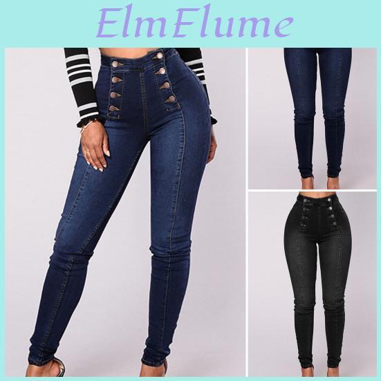 Waist Shaping Decoration High Buttons Women Jeans Pockets Push Up Fashion Skinny Doublebreasted Pencil Jeans Streetwear
